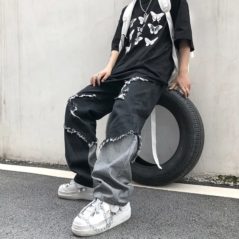 FEWQ Tassel Men's Y2k Jeans Stitching Color High Street Male Straight Denim Trousers Retro 2023 Summer Hip Hop New Pants 24B2493