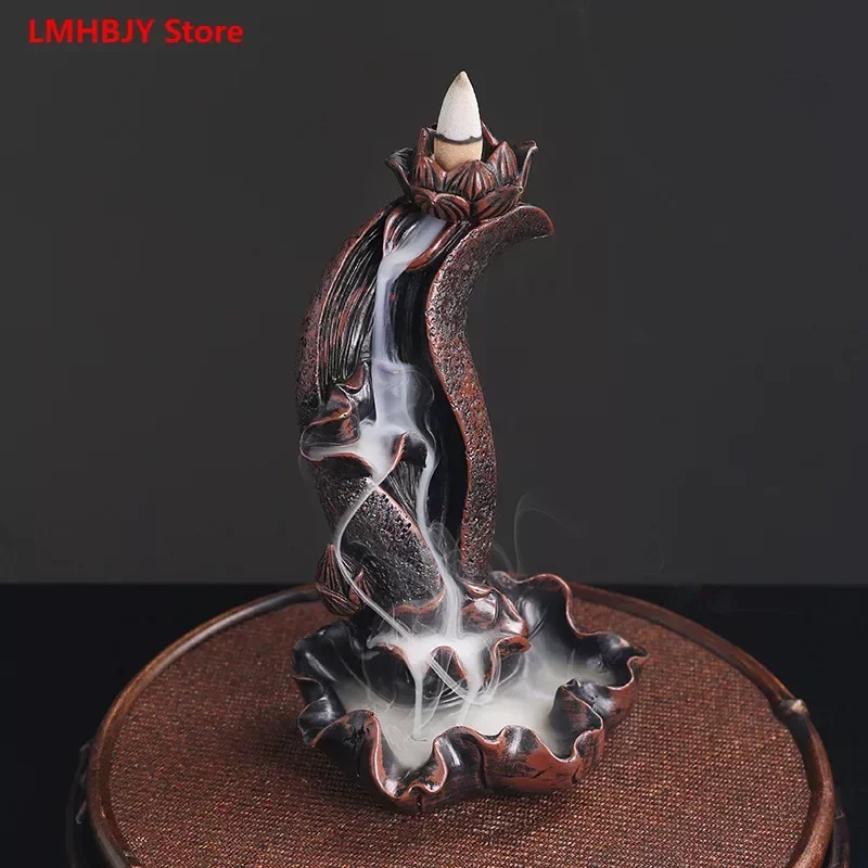 

LMHBJY Resin Alpine Flowing Water Backflow Incense Burner Creative Lotus Leaf Lotus Reflux Sandalwood Burner Home Ornaments