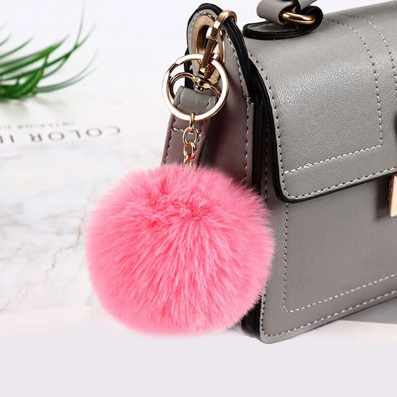 

Heartbeat Fuchsia Pink Grey Plush Ball Car Gold Ring Key Chain Pendant Personal Carrying Backpack Best Accessories Portable