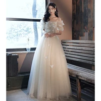 champagne colored evening dress womens 2022 new square neck puff sleeves butterfly decoration short sleeve long evening dress
