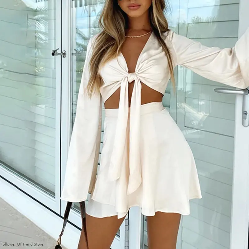 

Sexy Hot Girl Summer Short Dres Mini White Lantern Long Sleeve Crop Cardigan Tops Elegant Purper Lace Up Wrap Sexy Mini Skirts