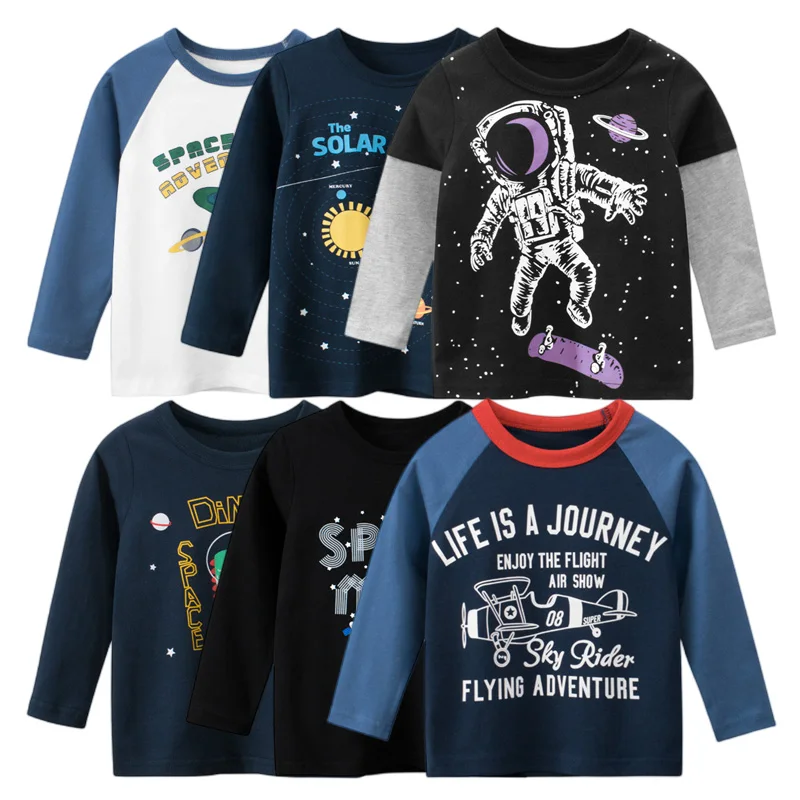 Astronaut Print T-shirts for Boy Cotton Baby Girls Long Sleeve Rocket Tops Child Autumn Space Sweatshirt Kids Clothes Dropship