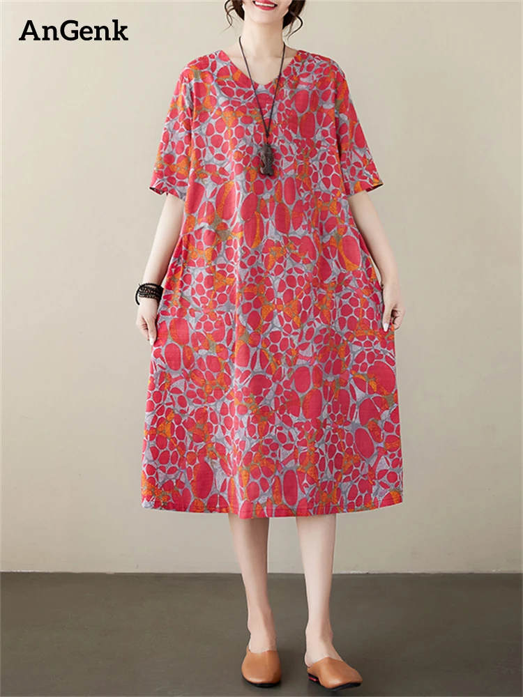 

Cotton Print Vintage Dresses For Women 2023 New Summer Casual Loose Midi Korean Fashion Office Lady Dress Femme Elegant Clothing
