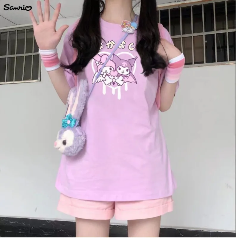 

Футболка Sanrio женская с коротким рукавом и мультипликационным принтом, свободный универсальный топ с рукавом до локтя, в стиле ins, летняя