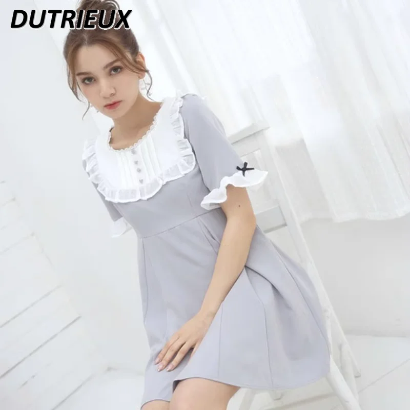Customized Japanese Sweet Lady Low Collar Mid-length Dress Stringy Selvedge Short Sleeve Waist Slimming Simple Dress Summer
