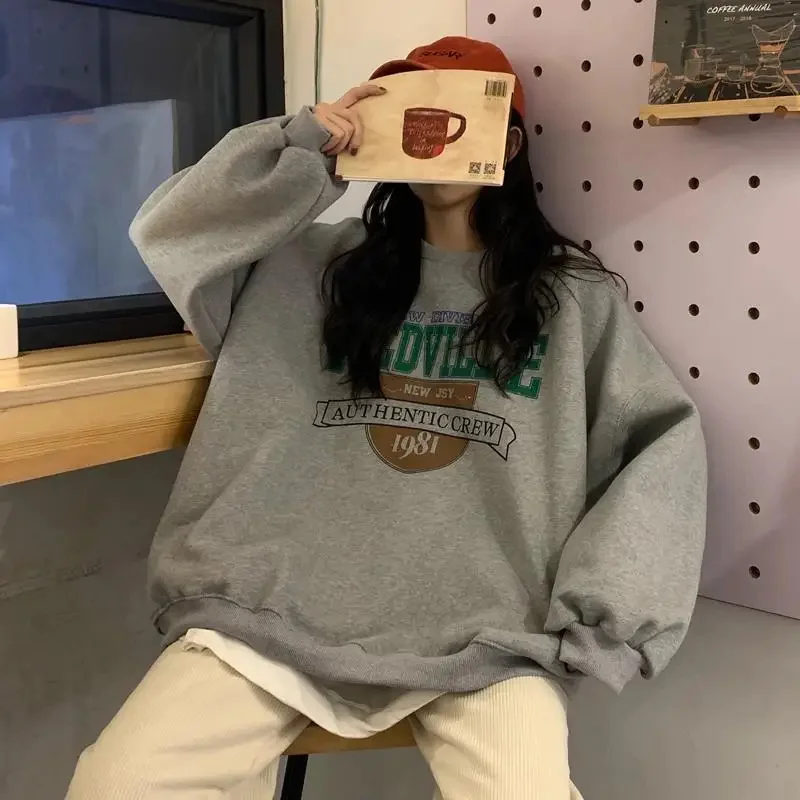 

Осенние женские свободные толстовки Harajuku с надписью Dstring Свитшот зимние Flce теплые бойфренды унисекс винтажные 1981 пуловеры