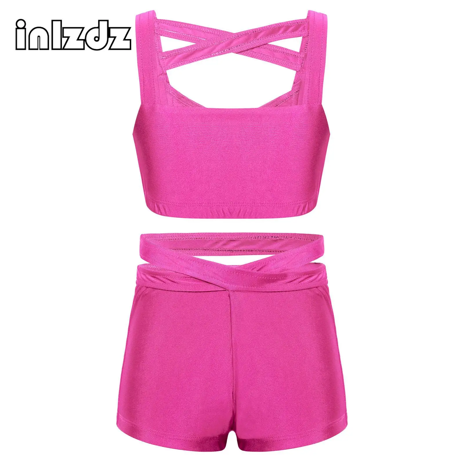 

Kids Girls Ballet Dance Workout Outfits Solid Color Bra Tops+Shorts Activewear Suit Yoga Gym Sports Stretchy Performance Clothes
