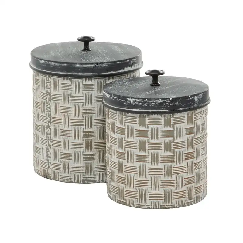 

8"H Brown Metal Decorative Jars with Weave Inspired Pattern, 2-Pieces