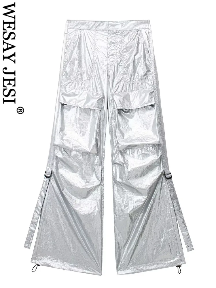 

Брюки-карго женские с завышенной талией, серебристые