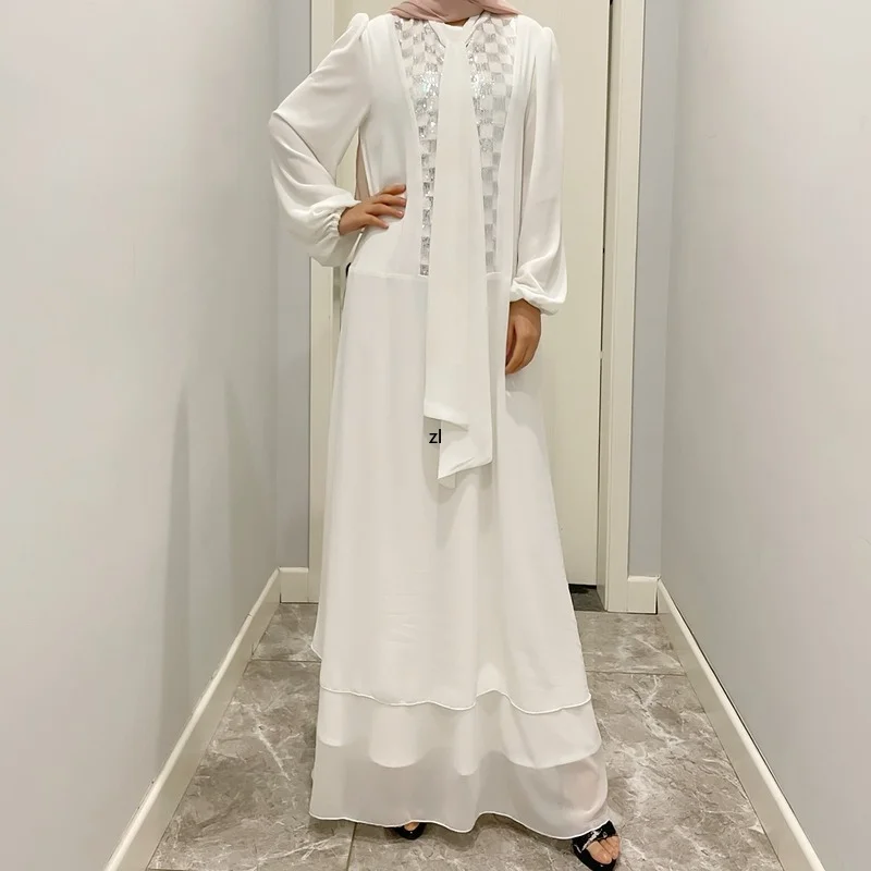Summer Sequin Chiffon Arabic Long Dress for Muslim Women Dubai Abaya Turkey Pakistani Islamic Clothing African Dresses for Women