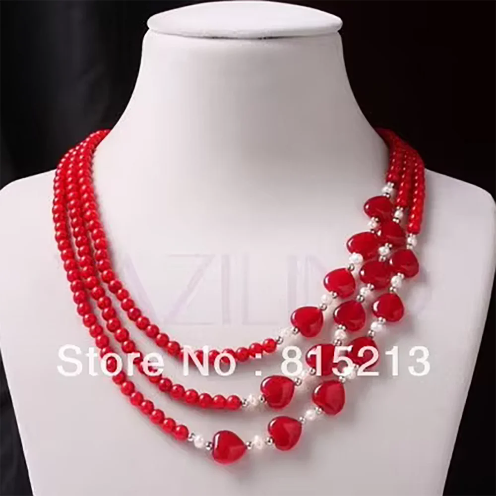 N47 ожерелье с воротником 16 дюймов из красного кораллового шара белое сердце 6 мм