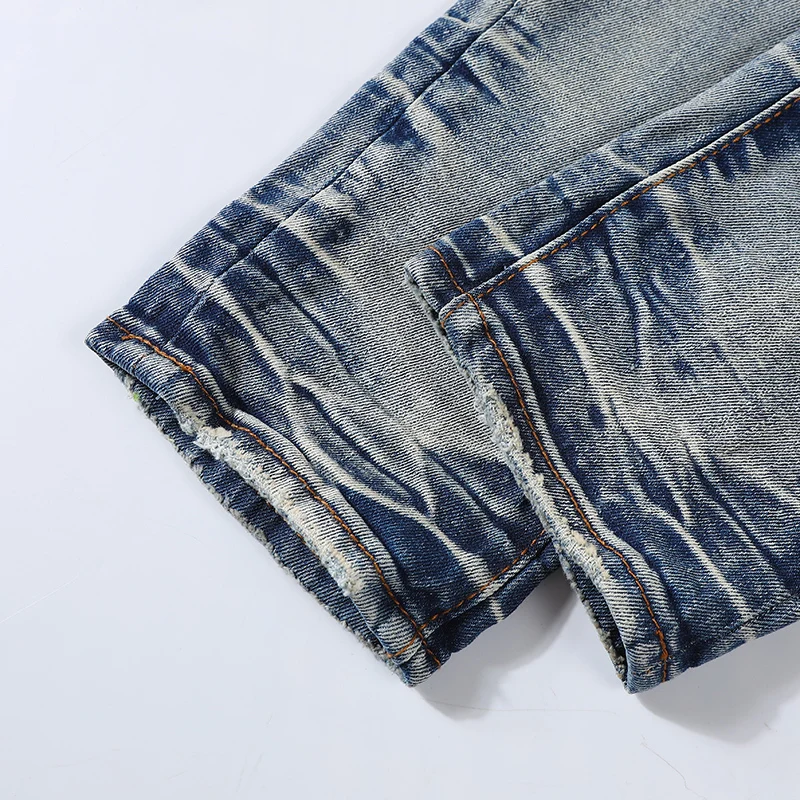 High Street Fashion Men Jeans Retro Light Blue Stretch Skinny Ripped Jeans Men Orange-Red Patched Designer Hip Hop Brand Pants