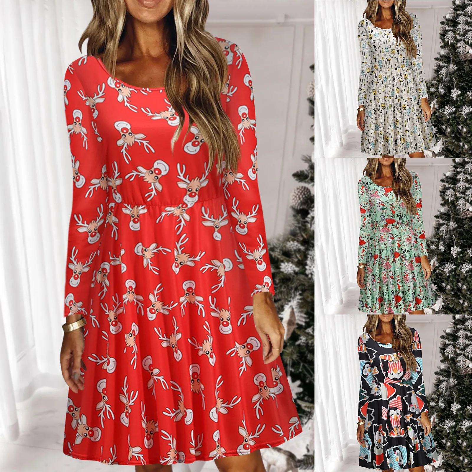 

Женское рождественское платье с длинным рукавом и круглым вырезом