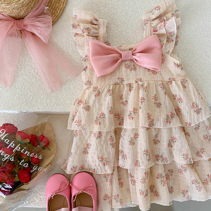 Новинка 2024 Летнее Детское платье модное с принтом в виде торта Клубное цветочным
