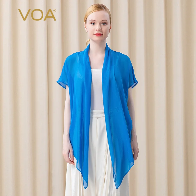 

(Clearance Sale) VOA Silk Georgette Blue Short Sleeve Tops Summer Irregular Hem Elegant Sunscreen Cardigan Coat Women B3023
