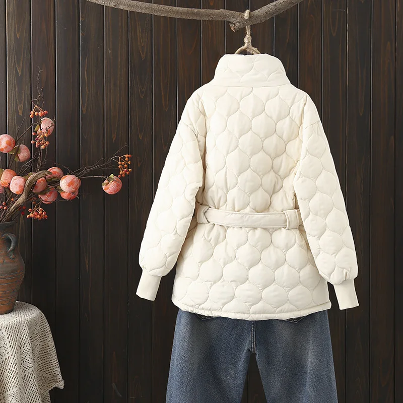 Casual Loose Diamond-shaped Hooded Parka Coat Women Fashion Thickened Mid-length Coat Ladies Elegant Lace-up Cotton Jacket