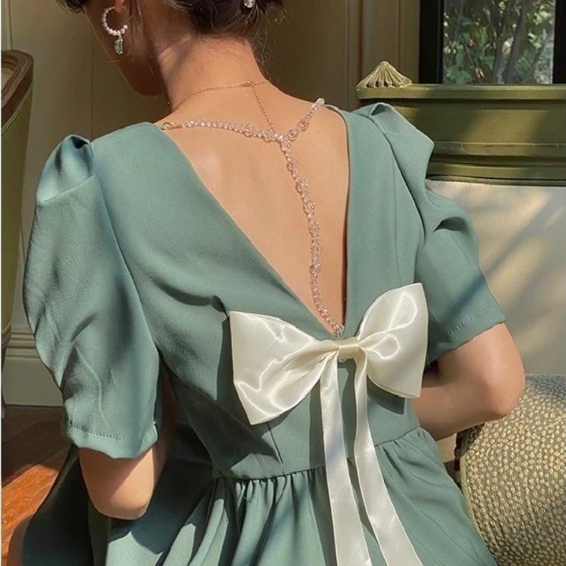 

2023 Summer Solid Vintage Dress Women Short-sleeve Backless Elegant Cute Kawaii Dresses Sexy Ladies Party Holiday Green Dresses