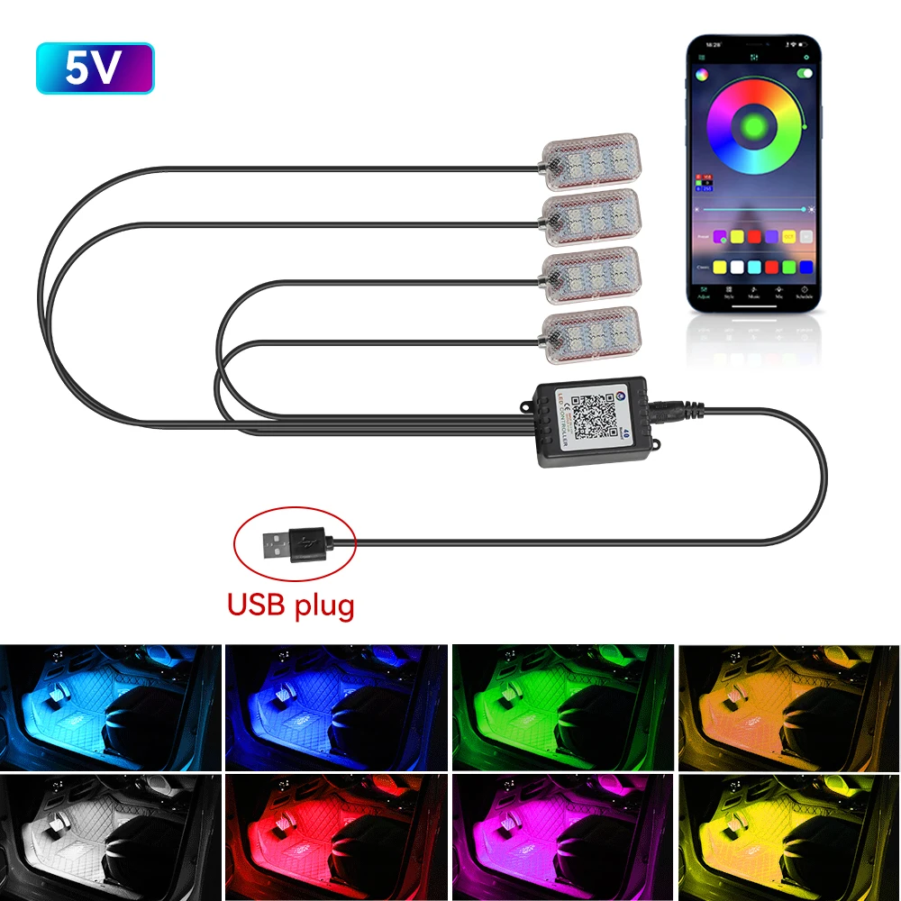 

Автомобильная Светодиодная Подсветка Для Ног С USB-адаптером Для Прикуривателя, Управлением Музыкой Через Приложение