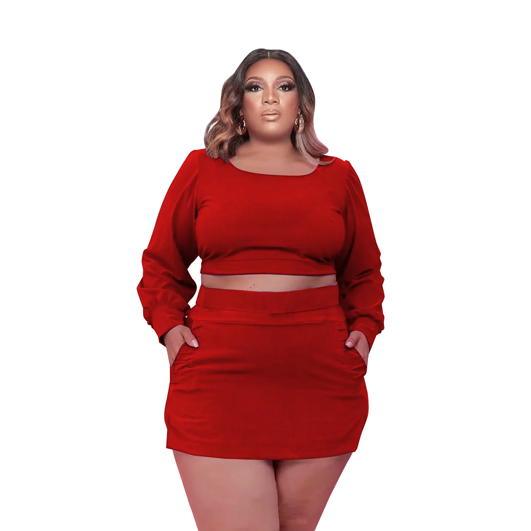 Plus Size Dresses Solid Color Long Sleeve Square Neck Sexy Culottes Sexy Two Piece Set Women Office Lady for Vestidos Slim Fit