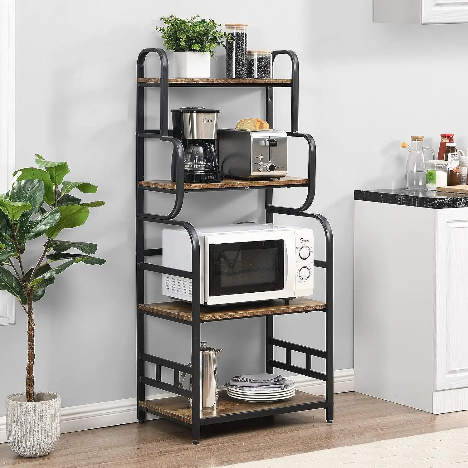 

FURNITURE Metal 4-Tier Kitchen Bakers with Storage Shelf, Standing Microwave Oven Stand Spice Organizer, Double-purpose for