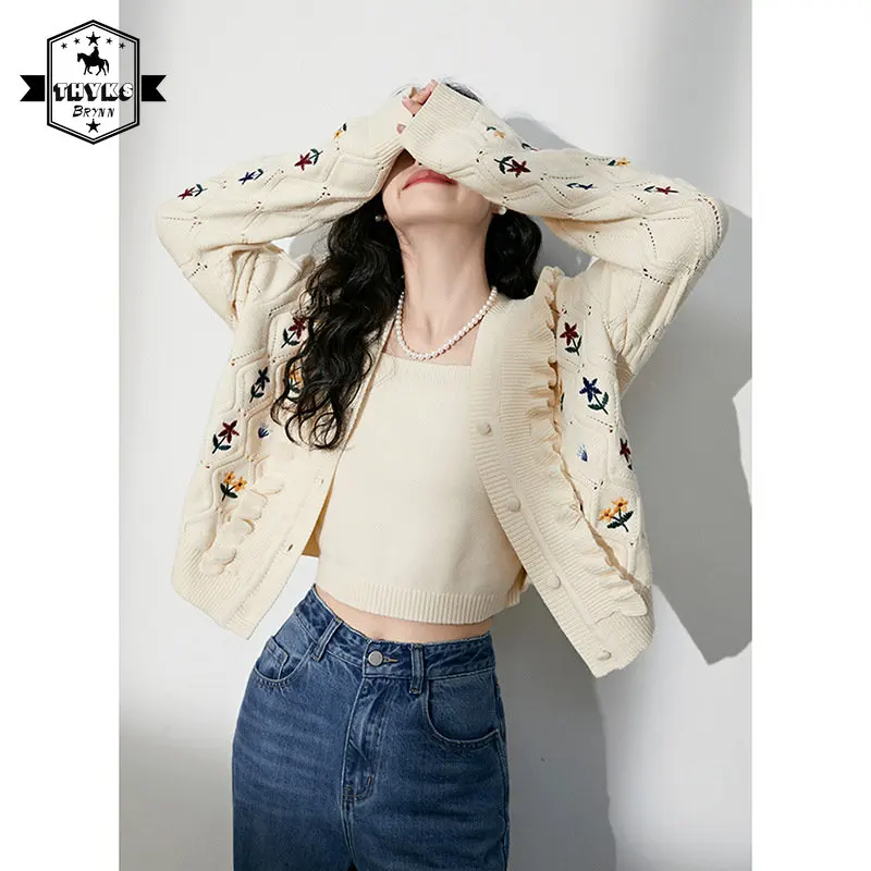 

Autumn Knitted Cardigan Women Long Sweater V-neck Embroidery Tops Women's Loose Casual Retro Soft Warm Coats Office Lady Winter