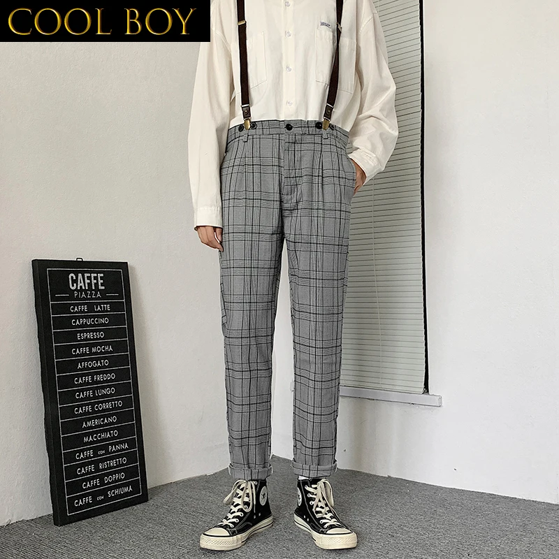 J GIRLS Casual Pants Men Plaid Simple Korean Style Fashion Students All-match Overalls Daily Harajuku Popular Handsome Vintage