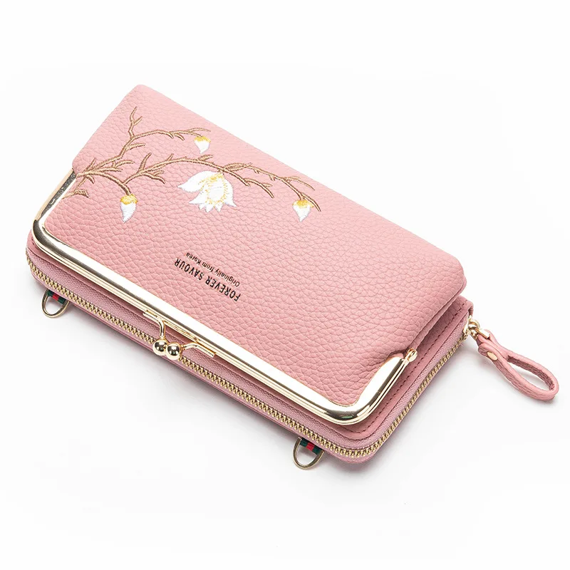 

2022 New Long Women's Wallet Double Zipper Horizontal Embroidery Zero Wallet Pu Leather Clutch Single Shoulder Mobile Phone Bag