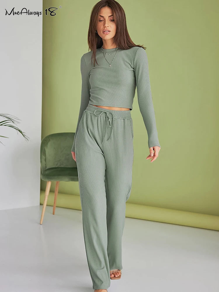 

Женское трикотажное ночное белье Mnealways18 в рубчик, комплект из 2 предметов, футболка с длинным рукавом, одежда для сна, женские повседневные б...