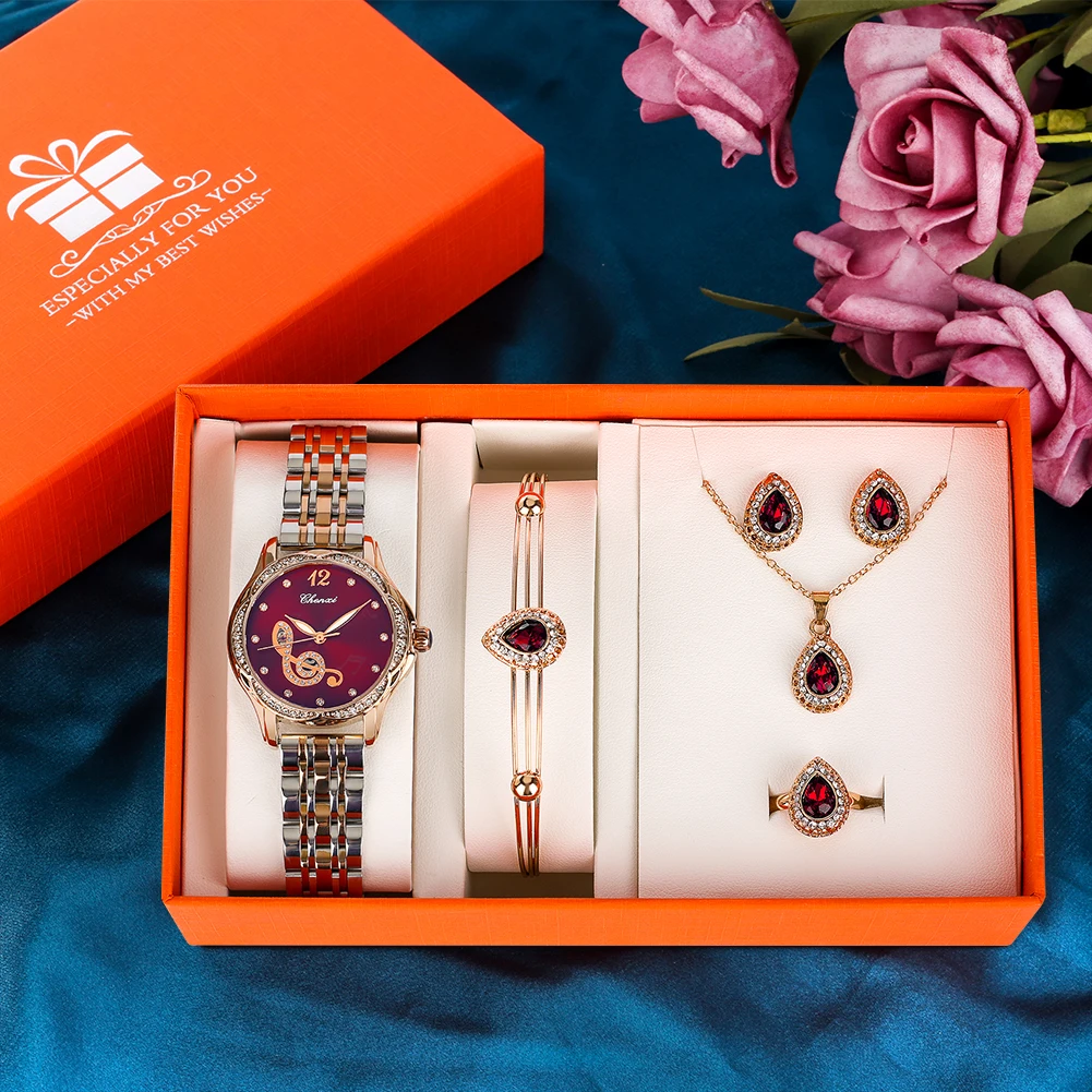 Luxury Women's Watch Bracelet Jewelries Box Set Quartz Stainless Steel Ladies Wristwatch Fashion Jewelry Present Case Female