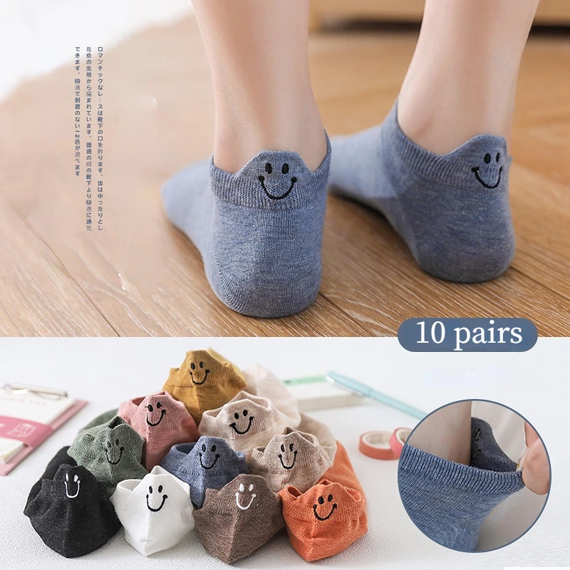 10Pairs Spring Summer Female Socks Japanese Lovely Personality Heel Embroidered Smiling Face Lovers Solid Cotton Ankle Socks New