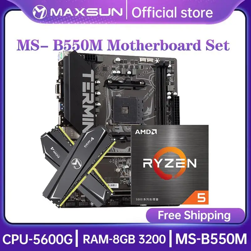 

MAXSUN игровая материнская плата Combo Terminator B550M с ЦП AMD Ryzen 5 5600G DDR4 16 Гб (8 Гб * 2) 3200 МГц ОЗУ M.2 SATA3 компьютерный комплект