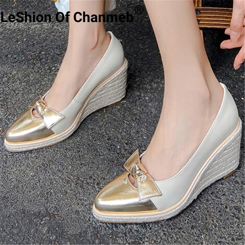 

LeShion Of Chanmeb Genuine Leather Women Espadrilles Wedge Heels Pumps Lovely Bow-knot Cutout Platforms Hemp Shoes Autumn Spring