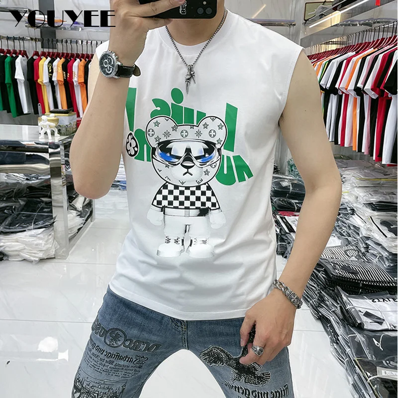 

Men's Vest New Design Trend Male Sleeveless T-shirt Summer Slim Causal Bear Print Rhinestone Tank Top Cotton Man Tees Clothing