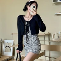 sweet spice girl black knitted cardigan womens clothing spring and autumn 2022 new design sense small short top outside