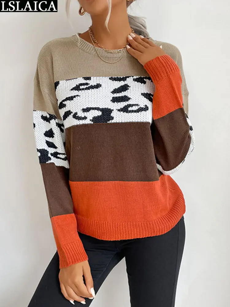 

Womens Clothing Long Sleeve O Neck Leopard Color Matching Fashion Sweaters 2023 Elegant Casual Fall Winter Pullover Knit Sweater