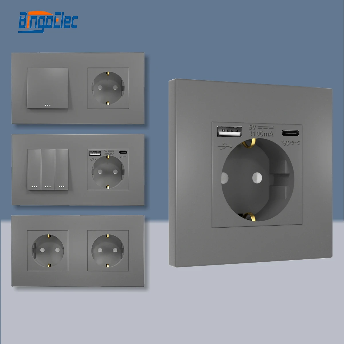 

Bingoelec Light Switch with EU Wall Sockets Home Wall Switches 1/2/3Gang 1Way Plastic Frame Panel USB Charge Wall Sockets