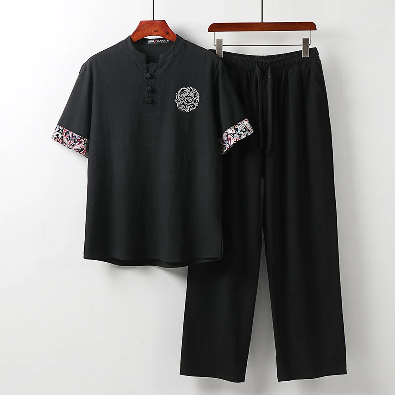 Summer Ethnic Pattern Multicolor Printing Cotton and Linen Suit Men's Hanfu Retro Casual Tang Suit plus Size Two-Piece Suit