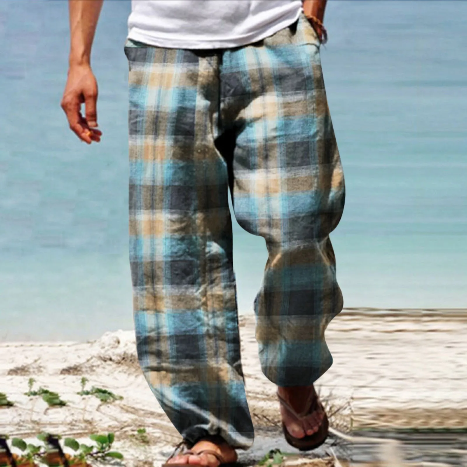 

Mens Classic Plaid Print Sunshine Chiffon Double Pocket Stretch Breathable Thermal Insulation Comfortable Athletic Fit Pants Men