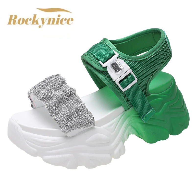 

Platform Bling Sandals Women Summer Breathable Wedge 7.5CM High Heels Ladies Crystal Beach Slippers Chunky Shoes Sandalias Mujer