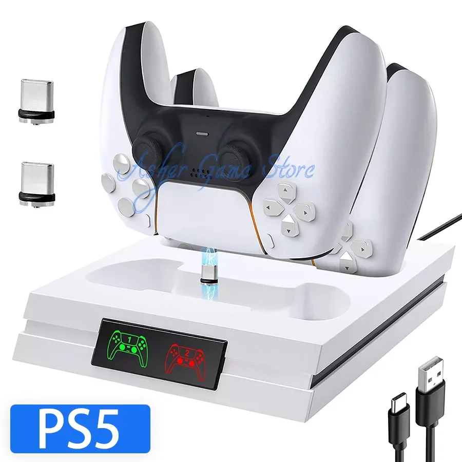 

2021 PS5 Fast Dual Controller Charger USB Charging Dock Station Stand with LED Indicator 2 Dongles for playstation 5 Accessories