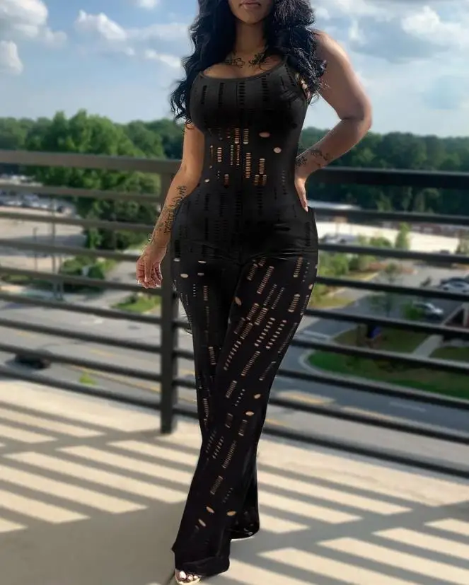 

Women Jumpsuit 2023 Summer Fashion Hollow Out Spaghetti Strap U-Neck Sleeveless Skinny Long Jumpsuit with Tube Top & Shorts Set