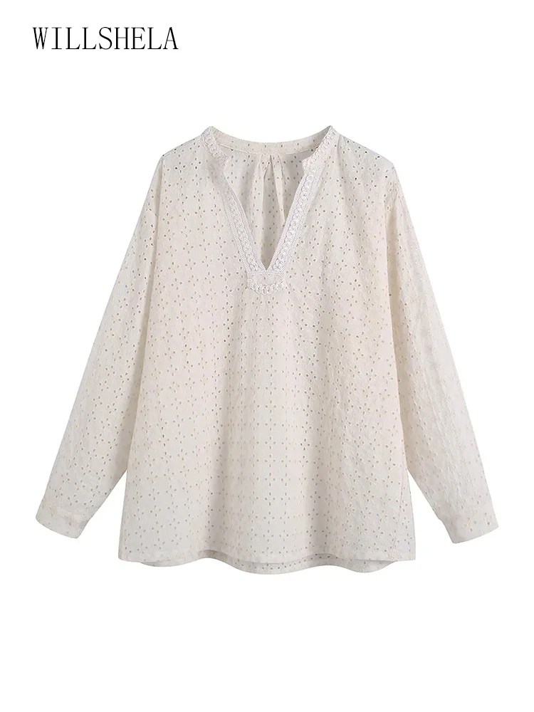 

Willshela Women Fashion Solid Embroidery Hollow Out Blouse Vintage V-Neck Long Sleeves Female Chic Lady Shirts