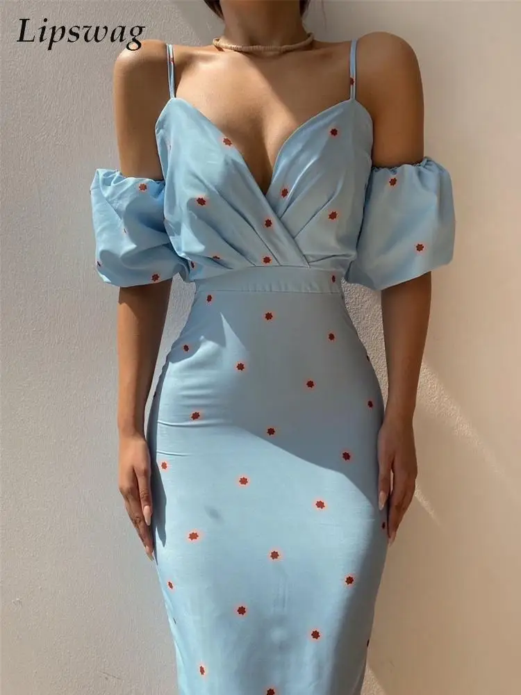 

Элегантное облегающее платье миди на бретельках с принтом и открытой спиной, женское модное облегающее платье с рукавами-фонариками, Новое ...