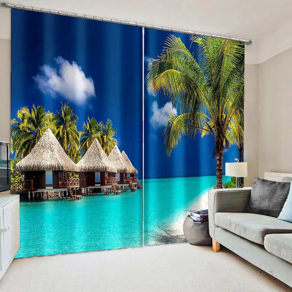 

3D Tropical Plants Sandy Beach Banana Leaf Natural Landscape Blue 2 Pieces Shading Window Curtain for Living Room Bedroom Decor