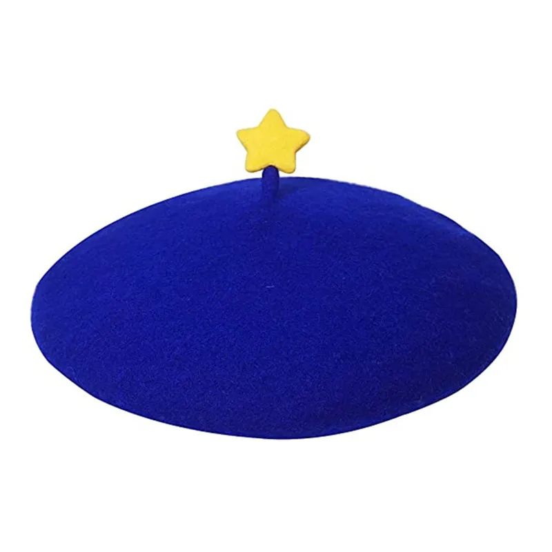

Women Blue Beret Girl Yellow Star Cute casual fashion painter cap women wool warm hat wholesale New 2021