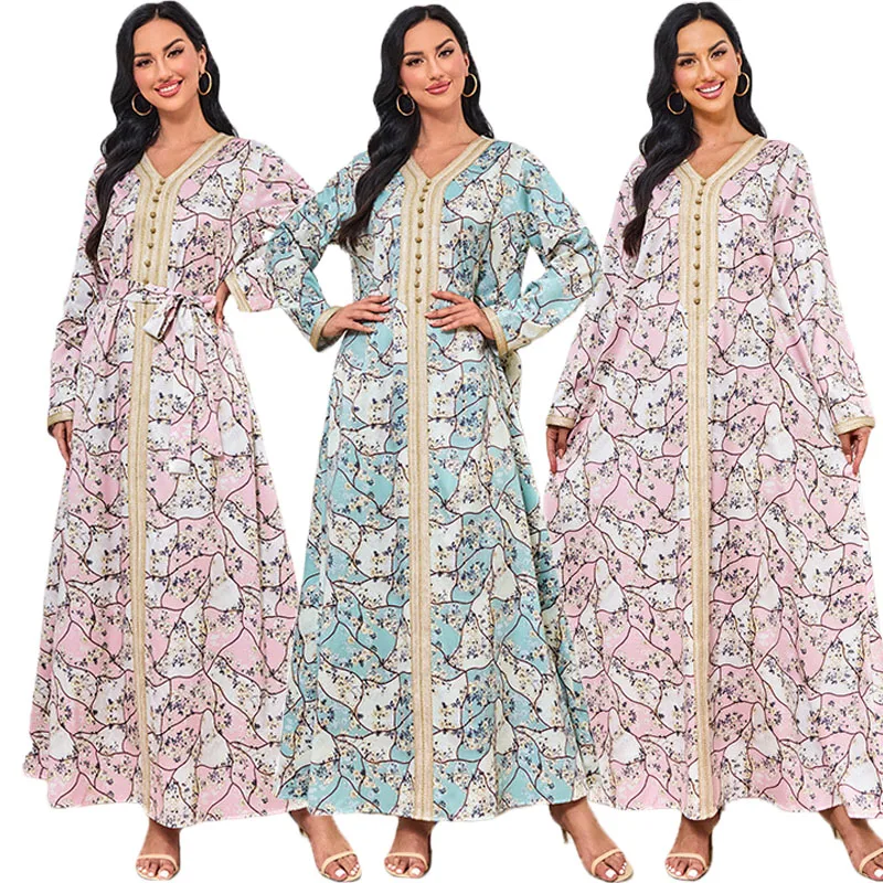 

Eid Party Moroccan Evening Muslim Floral Print Abaya for Women Muslim Long Dresses Turkey Arabic Kaftan Islamic Ramadan Vestidos