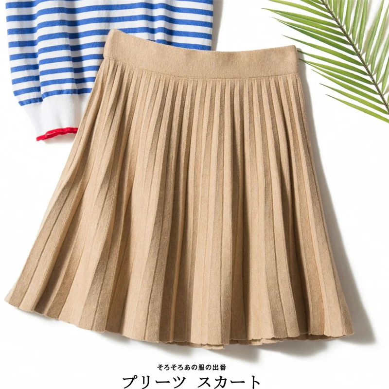 Black Khaki Gray 2022 Autumn Winter Warm Knitted Skirts Women Fashion Elastic High Waist Sexy Pleated Mini Skirt Female