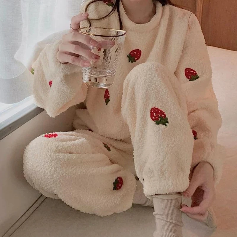 Women Pajama Sets Chic Kawaii Simple Strawberry Korean Style Chic Loose Females Cozy Sweet O-neck Homewear Soft Warm Sleepwear
