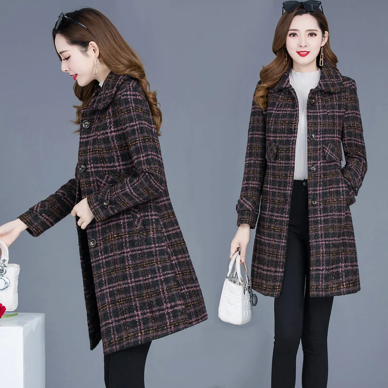 

Wool Coat Women Mid-Length Autumn Winter 2022 New Section Loose Thick Warm Outerwear Female Casual lattice Overcoat Female Tops