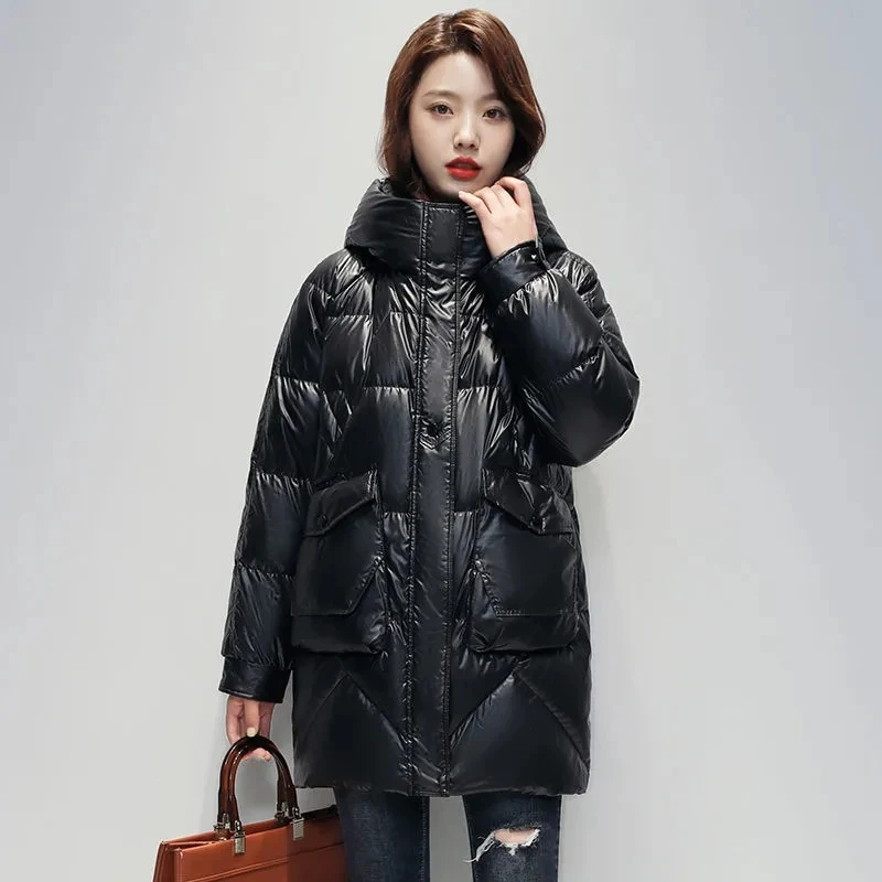 Mid Length Windproof Hooded Parkas Women Fashion Glossy Stand Collar Snow Coat Solid Warm Cotton Jacket Zip Up Quilted Overcoat